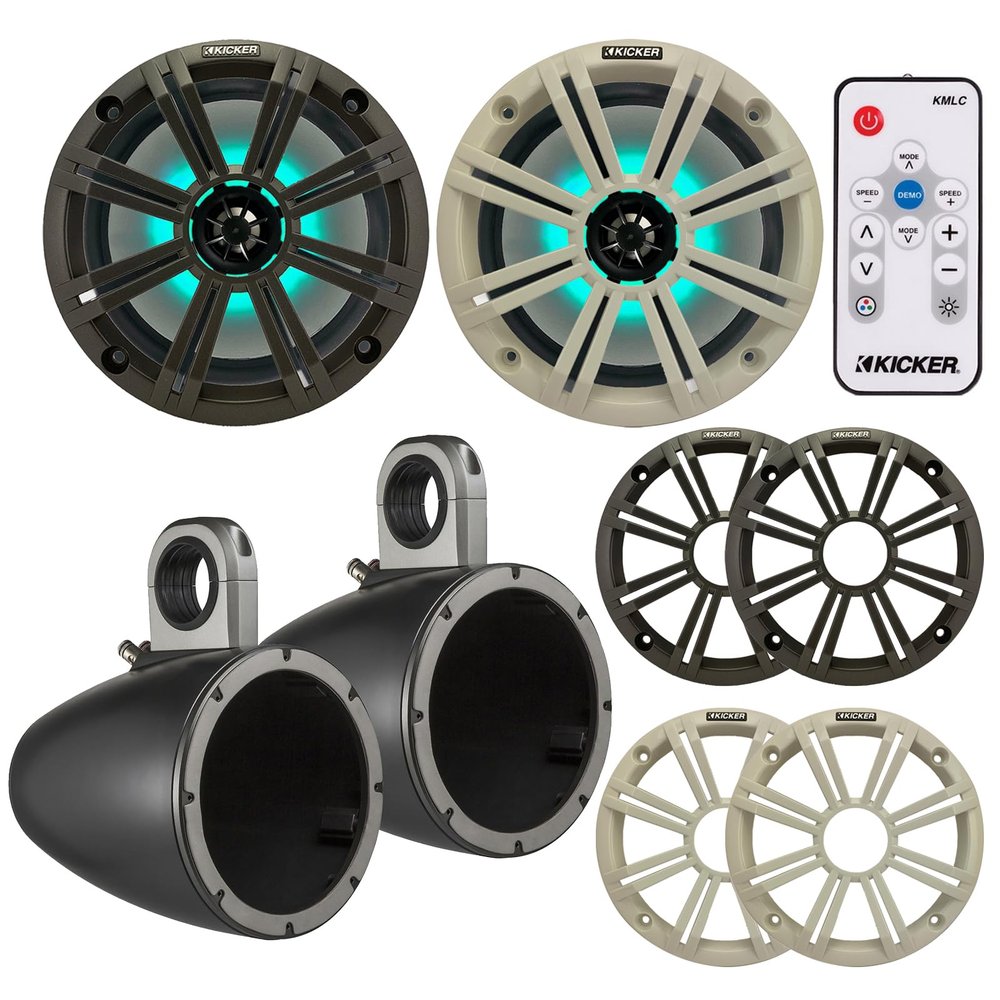 KICKER Black Single Wakeboard Tower System with Pair (Qty 2) of 8" 300 Watt Max OEM Replacement Marine RGB Multicolor LED Boat Audio Speakers with Charcoal and White Grilles, Remote Control