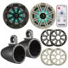 KICKER Black Single Wakeboard Tower System with Pair (Qty 2) of 8" 300 Watt Max OEM Replacement Marine RGB Multicolor LED Boat Audio Speakers with Charcoal and White Grilles, Remote Control view 1