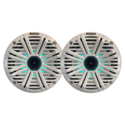 KICKER 6.5" 195 Watt Peak Power Marine OEM Replacement RGB Multicolor LED Boat Audio Speakers (Pair) with White Salt Water Grilles