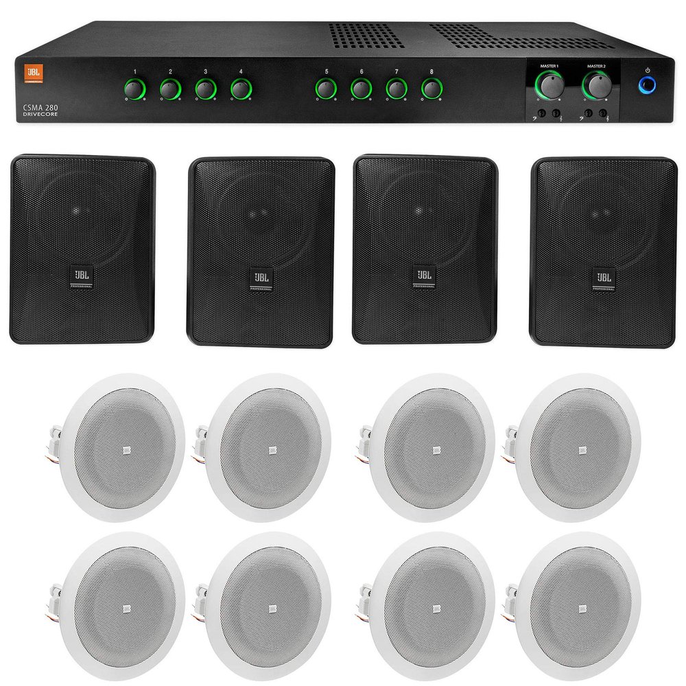 Audiosavings Bundle: (1) JBL CSMA280 Commercial Amplifier Bundle with (8) Rockville WET-5B 70V 5.25" IPX55 Commercial Indoor/Outdoor Wall Speaker - Black (9 Items)