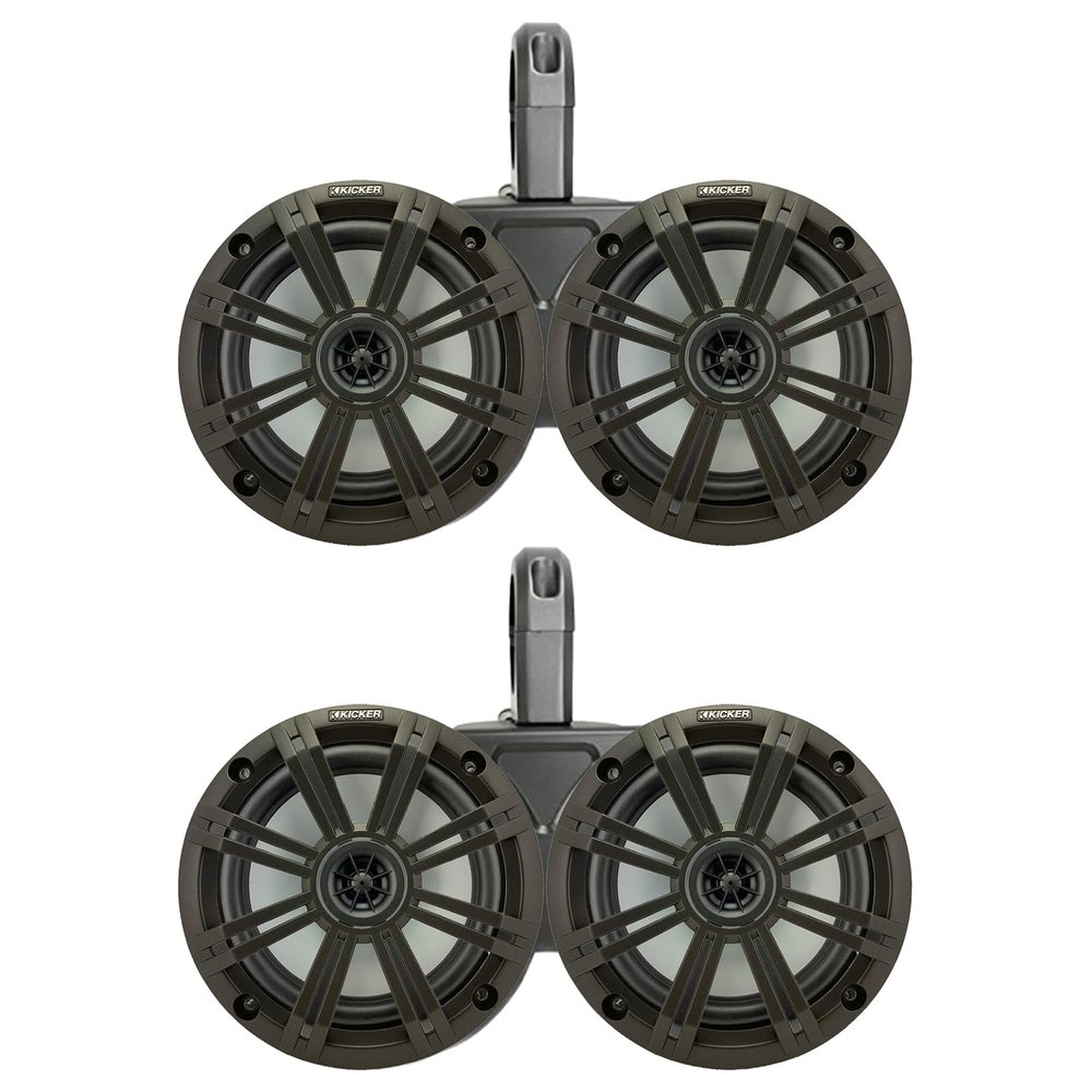 KICKER Black Dual Wakeboard Tower System with 2 Pair (Qty 4) of Charcoal 6.5" 195 Watt Max Power Marine OEM Replacement Coaxial Boat Audio Speakers