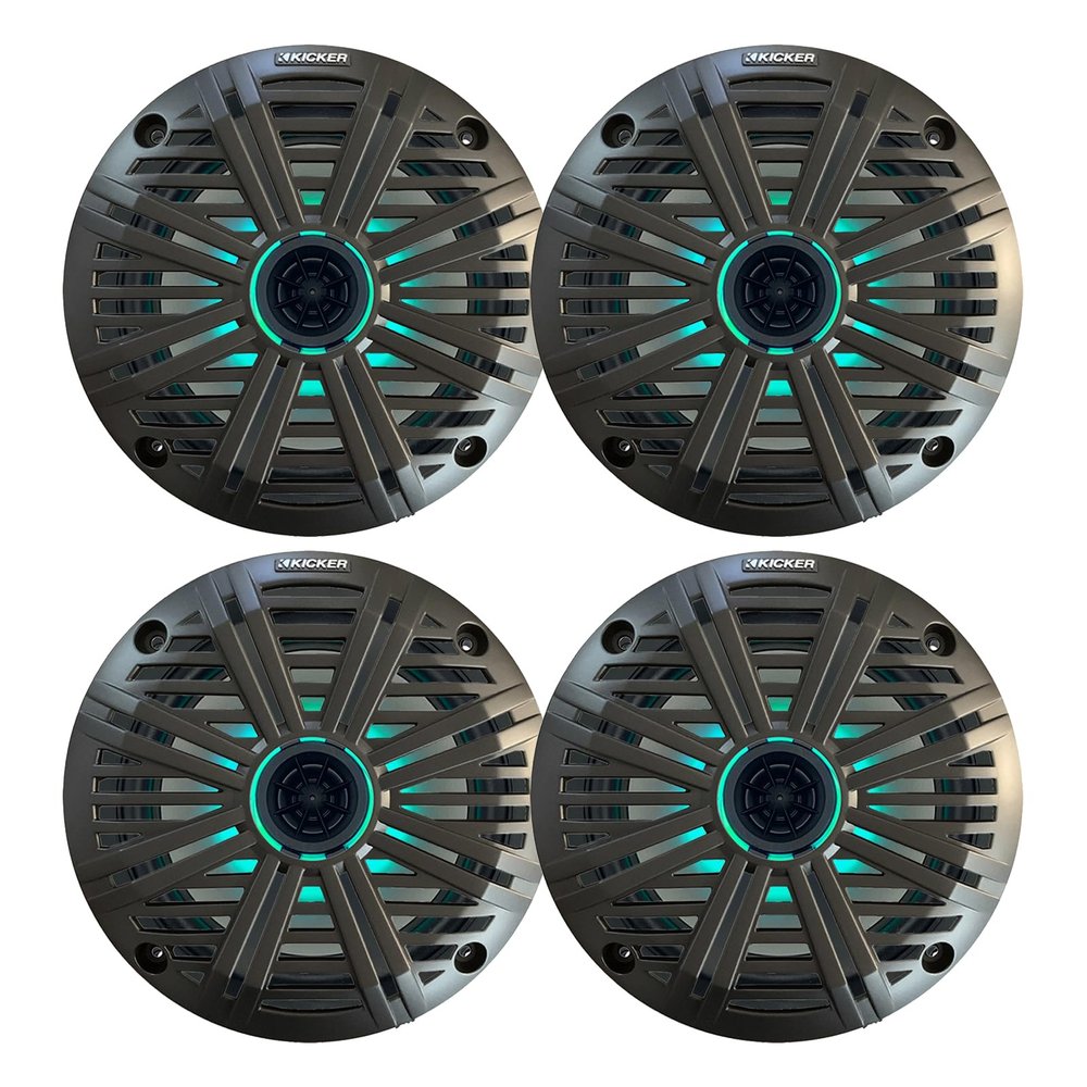 KICKER 6.5" 195 Watt Peak Power Marine OEM Replacement RGB Multicolor LED Boat Audio Speakers (Qty 4) with Charcoal Salt Water Grilles