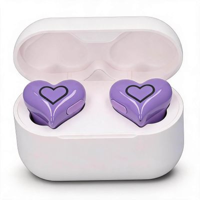 Bewinner Heart Shaped Cordless Earbud, Bluetooth 5.3 HiFi Stereo Earphones, Noise Canceling Headphones with Charging Case for Gym Office School, Purp, Bewinnergbsdxhf26v-13