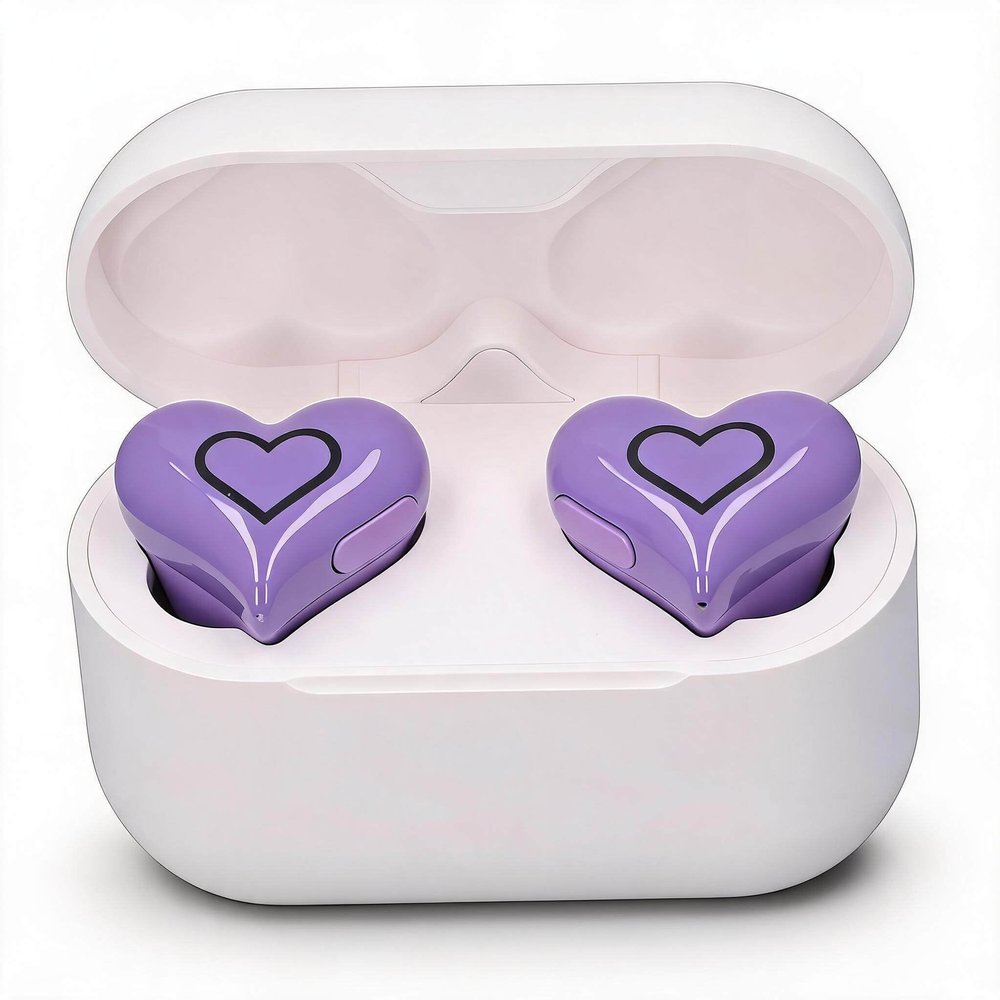 Bewinner Heart Shaped Cordless Earbud, Bluetooth 5.3 HiFi Stereo Earphones, Noise Canceling Headphones with Charging Case for Gym Office School, Purp, Bewinnergbsdxhf26v-13