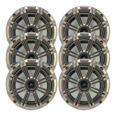 KICKER 6.5" 195 Watt Peak Power Marine OEM Replacement Boat Audio Speakers (Qty 6) with Silver Grilles