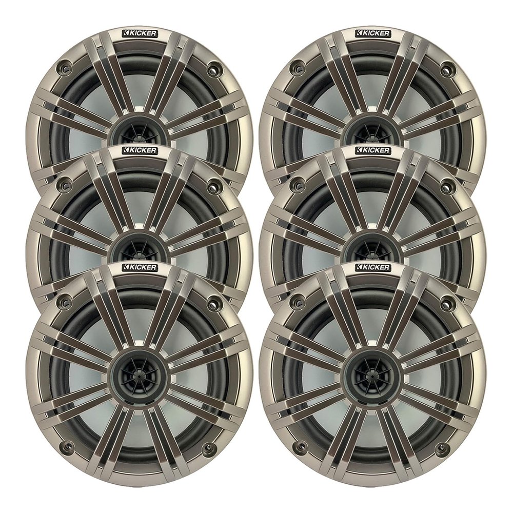 KICKER 6.5" 195 Watt Peak Power Marine OEM Replacement Boat Audio Speakers (Qty 6) with Silver Grilles