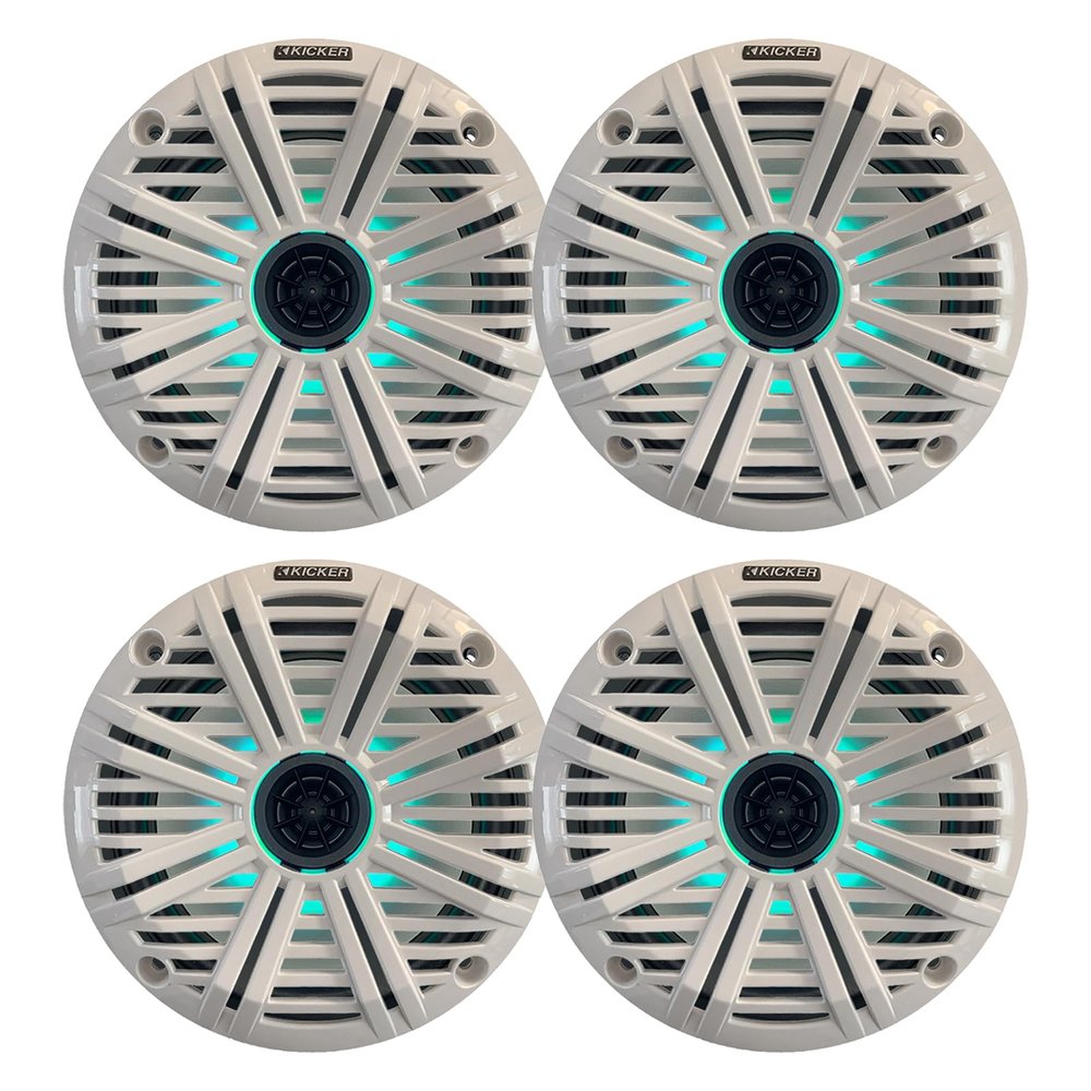 KICKER 6.5" 195 Watt Peak Power Marine OEM Replacement RGB Multicolor LED Boat Audio Speakers (Qty 4) with White Salt Water Grilles
