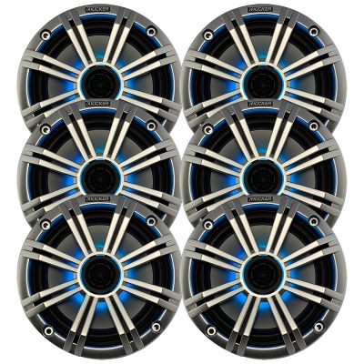 KICKER 6.5" 195 Watt Peak Power Marine OEM Replacement RGB Multicolor LED Boat Audio Speakers (Qty 6) with Silver Grilles