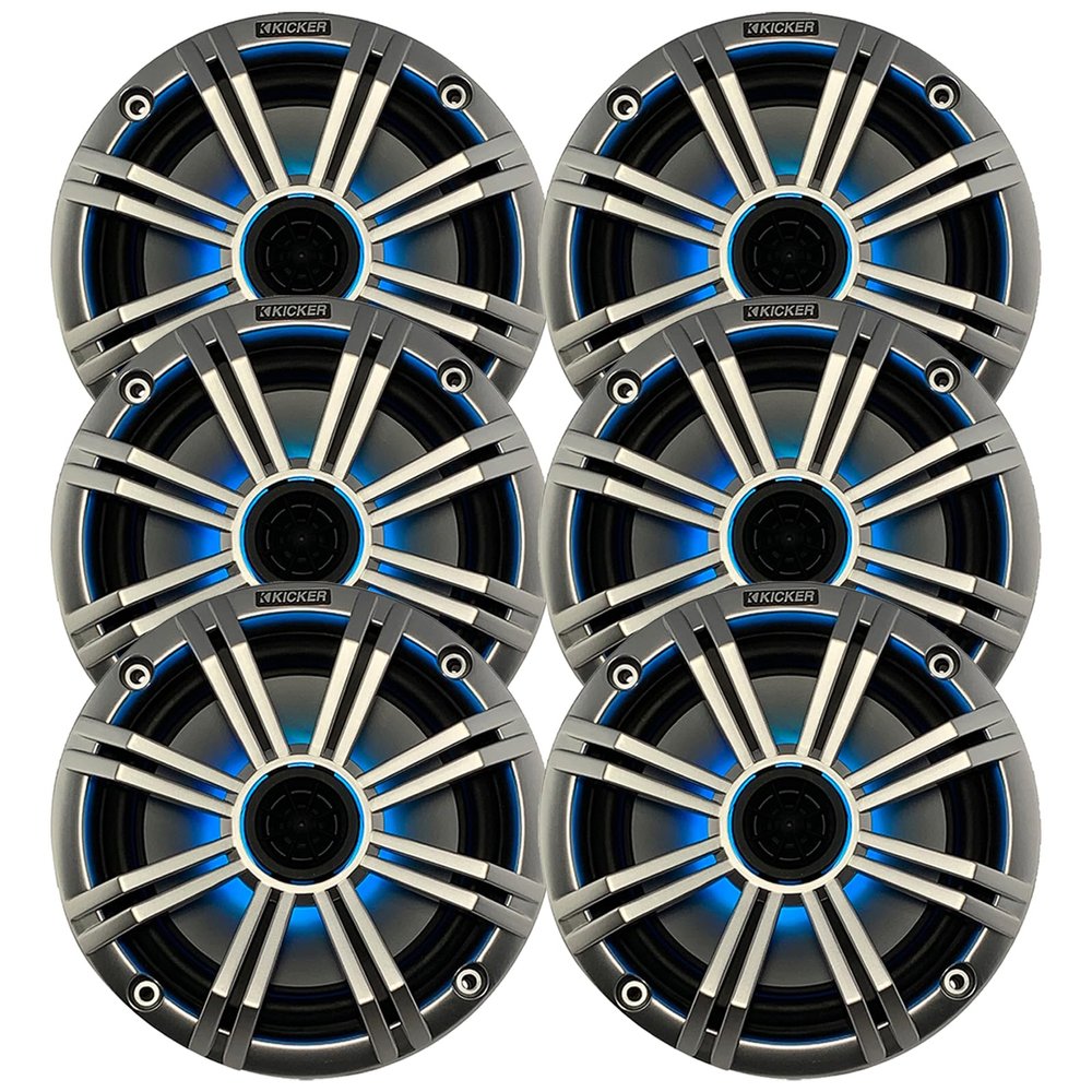 KICKER 6.5" 195 Watt Peak Power Marine OEM Replacement RGB Multicolor LED Boat Audio Speakers (Qty 6) with Silver Grilles