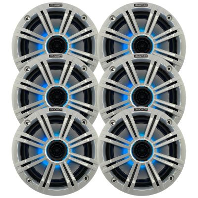 KICKER 6.5" 195 Watt Peak Power Marine OEM Replacement RGB Multicolor LED Boat Audio Speakers (Qty 6) with White Grilles