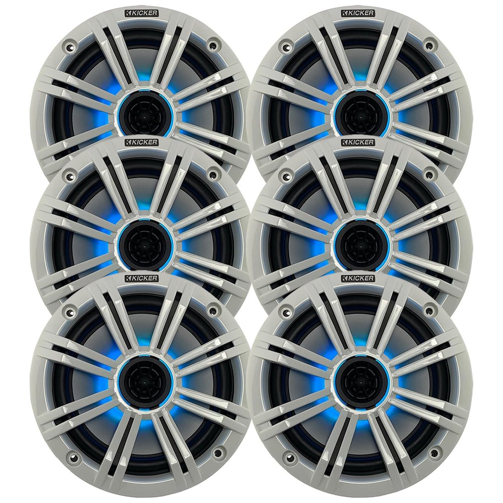 KICKER 6.5" 195 Watt Peak Power Marine OEM Replacement RGB Multicolor LED Boat Audio Speakers (Qty 6) with White Grilles