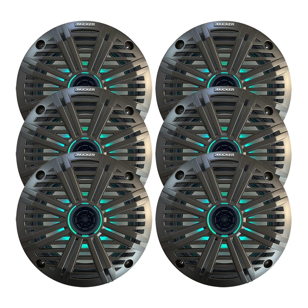KICKER 6.5" 195 Watt Peak Power Marine OEM Replacement RGB Multicolor LED Boat Audio Speakers (Qty 6) with Charcoal Salt Water Grilles