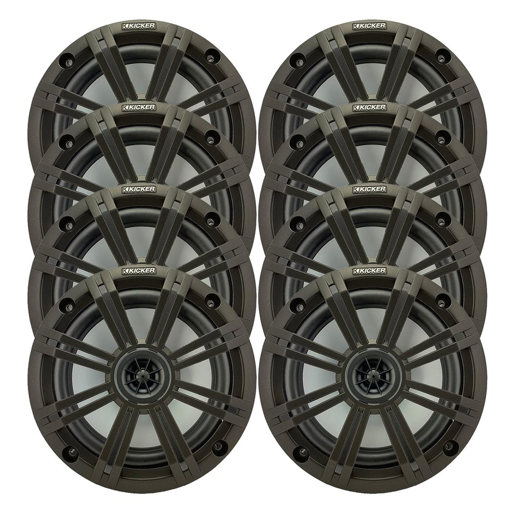 KICKER 6.5" 195 Watt Peak Power Marine OEM Replacement Coaxial Boat Audio Speakers (Qty 8) with Charcoal Grilles