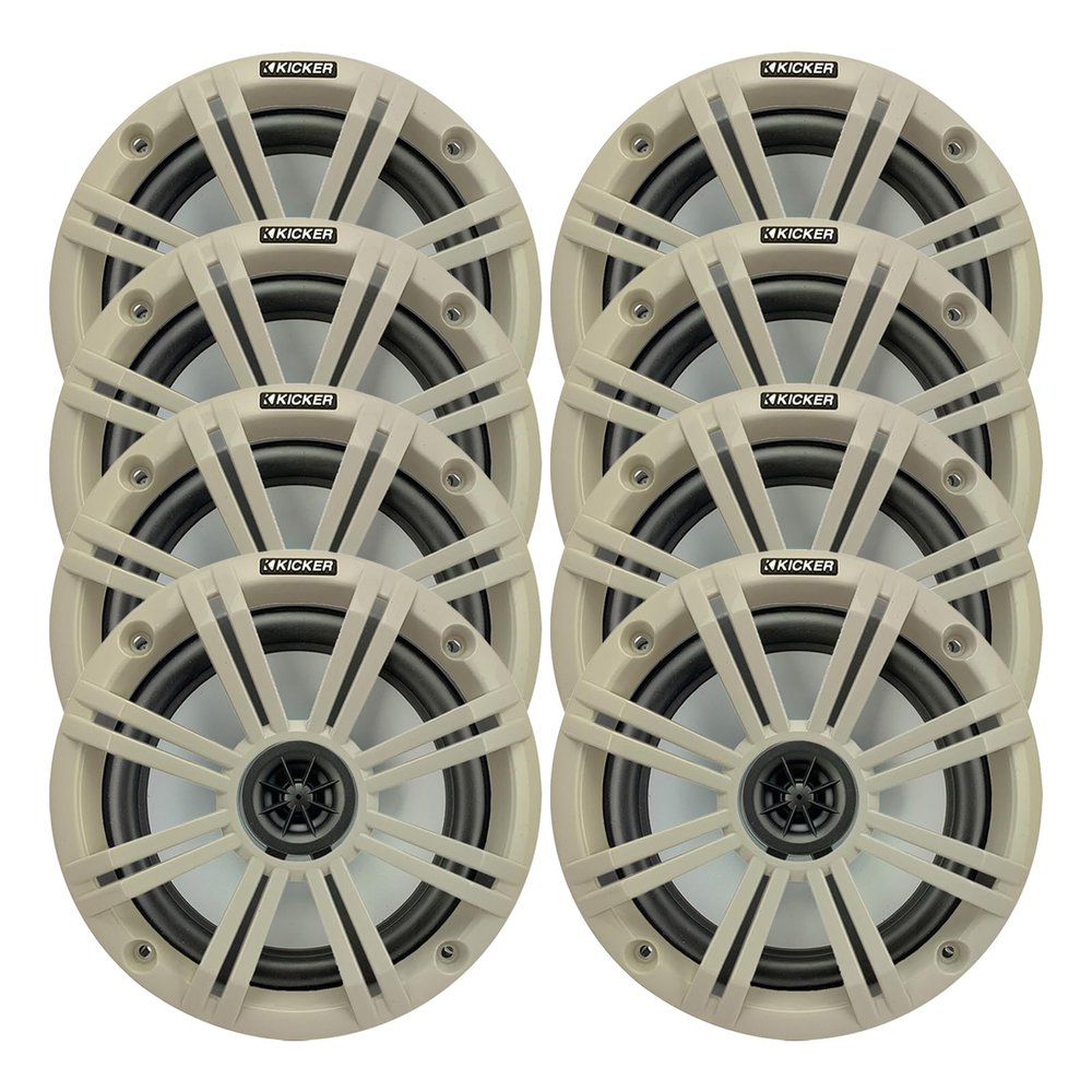 KICKER 6.5" 195 Watt Peak Power Marine OEM Replacement Coaxial Boat Audio Speakers (Qty 8) with White Grilles