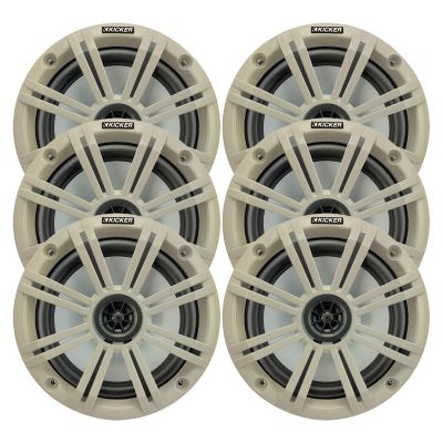 KICKER 6.5" 195 Watt Peak Power Marine OEM Replacement Boat Audio Speakers (Qty 6) with White Grilles
