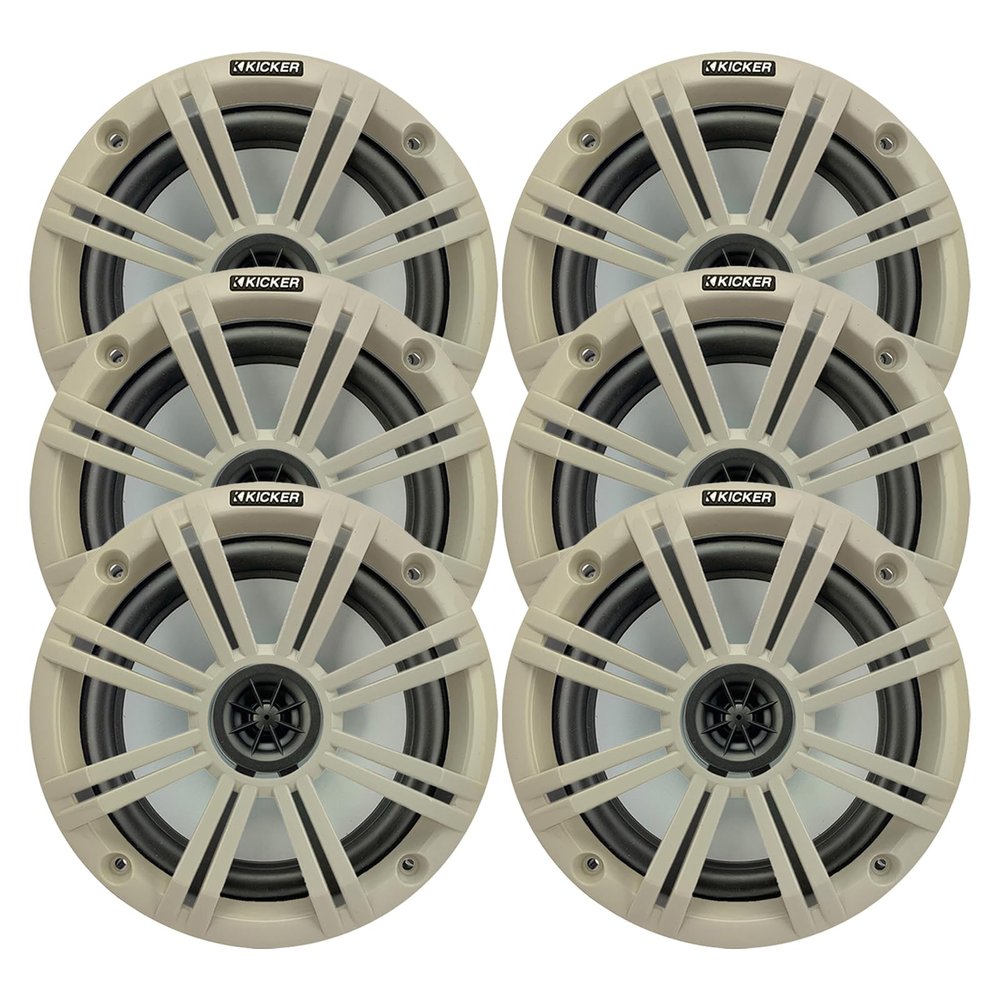 KICKER 6.5" 195 Watt Peak Power Marine OEM Replacement Boat Audio Speakers (Qty 6) with White Grilles