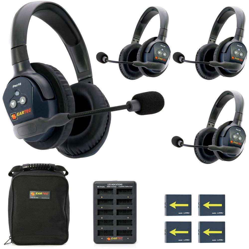 EARTEC Ultralite PRO16 ETP4D Full-Duplex Long Range Wireless Intercom System - 4 Dual Ear Headsets, Up to 1/2 Mile Range, 2.4 GHz, U.S. Company