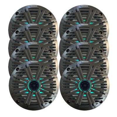 KICKER 6.5" 195 Watt Peak Power Marine OEM Replacement RGB Multicolor LED Boat Audio Speakers (Qty 8) with Charcoal Salt Water Grilles