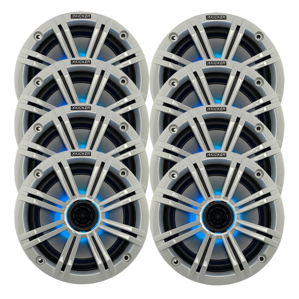 KICKER 6.5" 195 Watt Peak Power Marine OEM Replacement RGB Multicolor LED Boat Audio Speakers (Qty 8) with White Grilles