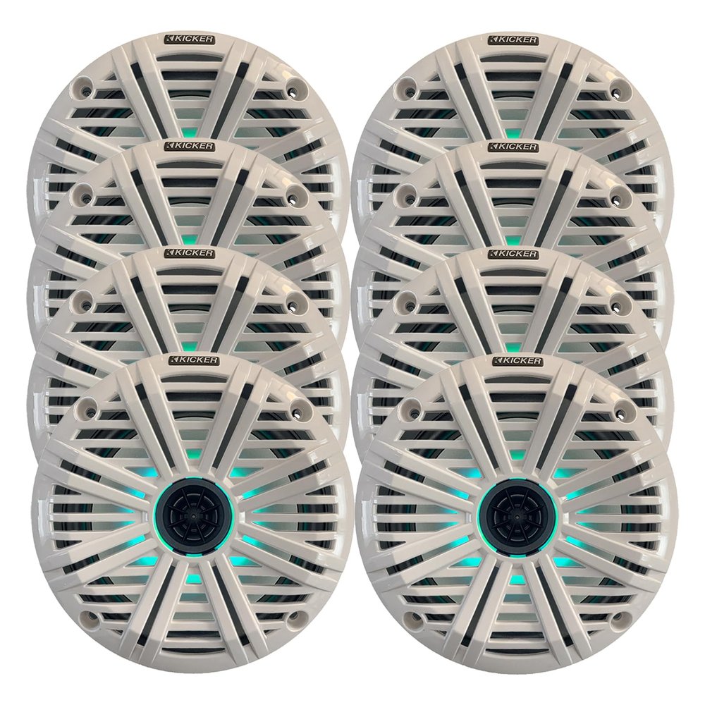 KICKER 6.5" 195 Watt Peak Power Marine OEM Replacement RGB Multicolor LED Boat Audio Speakers (Qty 8) with White Salt Water Grilles