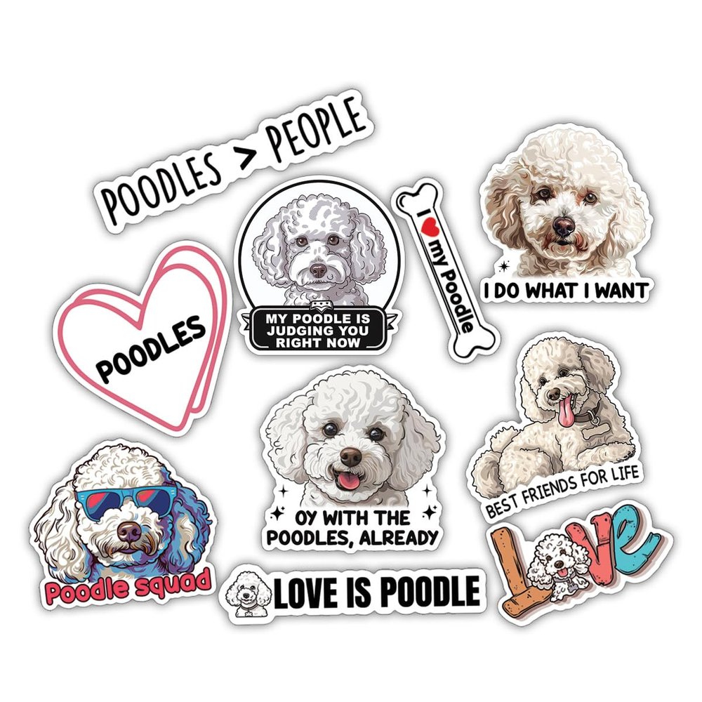 10pcs White Poodle Sticker Sheet, Funny and Cute Vinyl Decals for Dog Lovers, Toy Poodle Owners, Groomers, Waterproof, UV-Resistant, for Laptop, Water Bottle, Journal, Notebook, Phone Case, Mirror