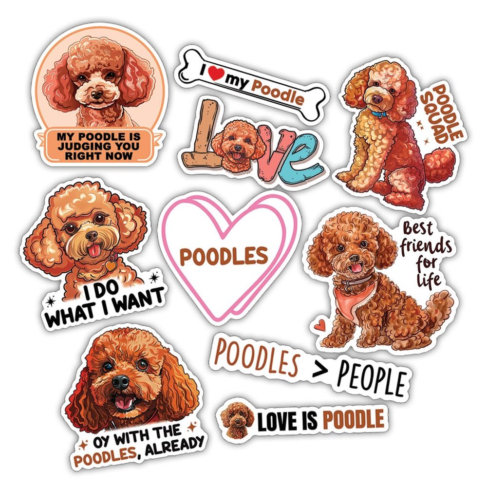 10pcs Red Toy Poodle Sticker Sheet, Funny and Cute Vinyl Decals for Dog Lovers, Poodle Owners, and Groomers, Waterproof, UV-Resistant, for Laptop, Water Bottle, Journal, Notebook, Mirror, Phone Case