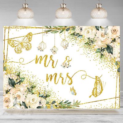10x6.5ft Wedding Backdrop Mr and Mrs White Flowers Gold Butterfly Dots Photography Background Bride to Be Engagement Wedding Ceremony Decorations Party Decorations Banner Photo Studio Props