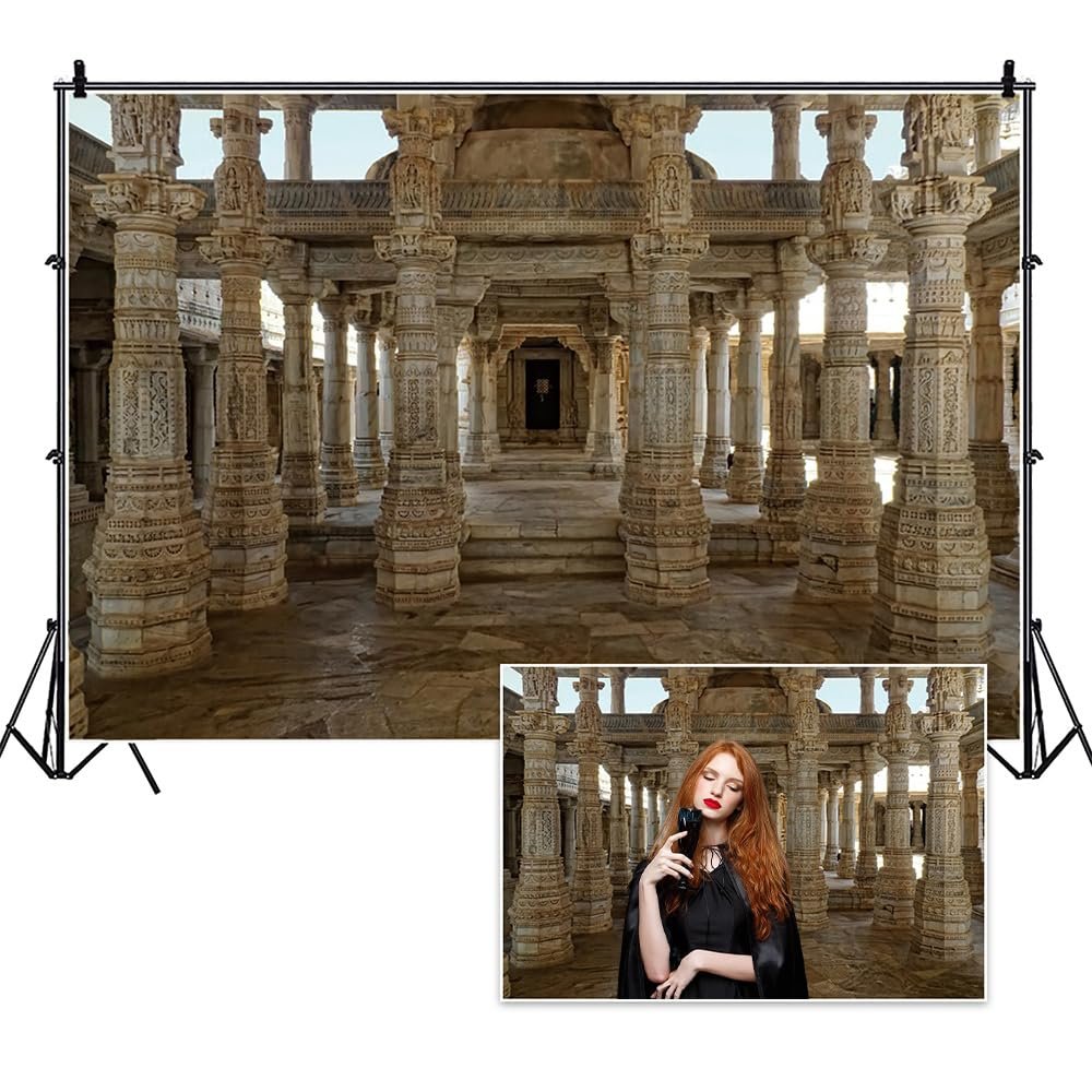 DORCEV 8x8ft Hindu Temple Backdrop for Photography Ancient Old Jain Temple Ranakpur Backdrop Antique Columns Beautiful Magical Old Indian Temple Indian Theme Background Travel Photo Booth Props