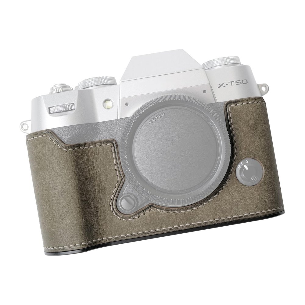 Iborrys Camera Genuine Leather Half Case Compatible with FUJIFILM Fuji X-T50 XT50  Made by Hand - Top Layer Cowhide Body + Metal Base Plate 2-in-1 Design (Retro Grey)