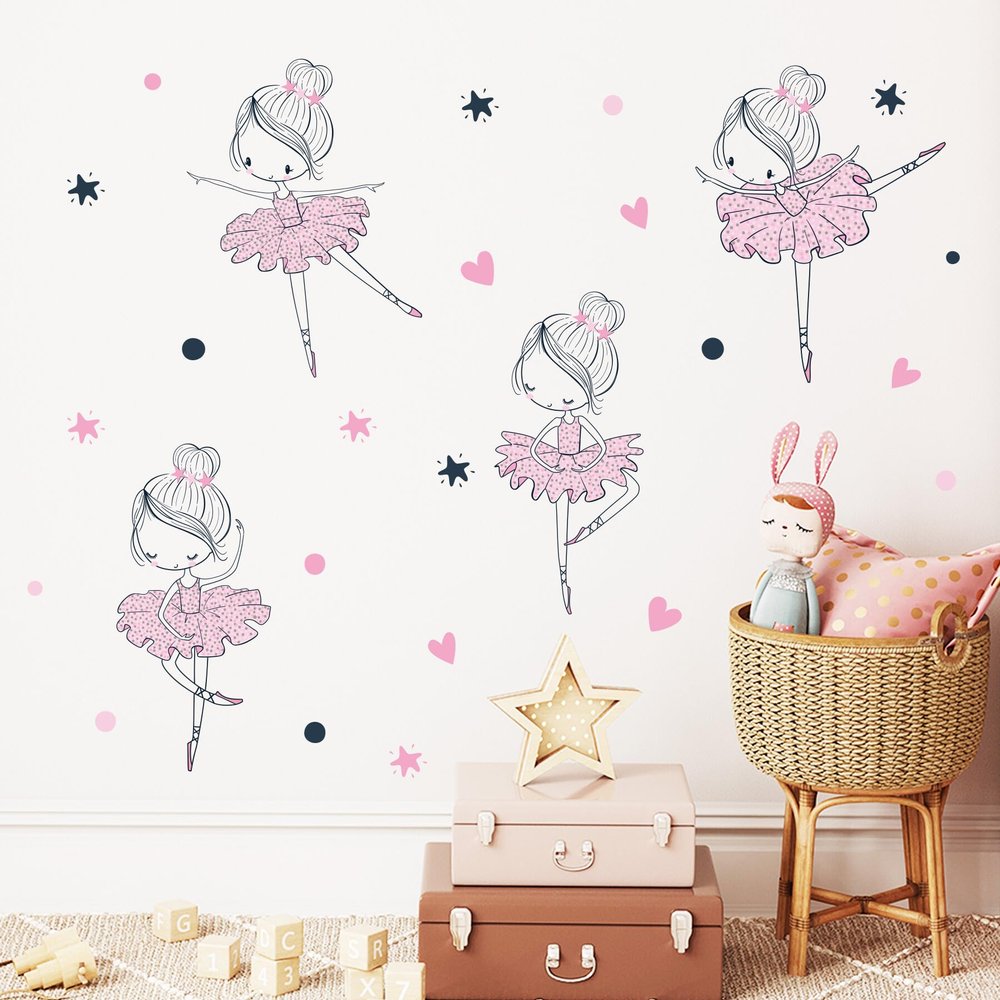4 Cute Ballerina Ballet Dancers Wall Decals for Girls Bedroom Large Removable Wall Stickers for Classroom Pink and Black Wall Murals Peel and Stick Vinyl Kids Room Decor for Living Room Nursery