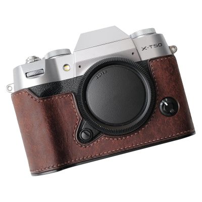 Iborrys Camera Genuine Leather Half Case Compatible with FUJIFILM Fuji X-T50 XT50  Made by Hand - Top Layer Cowhide Body + Metal Base Plate 2-in-1 Design (Retro Coffee)