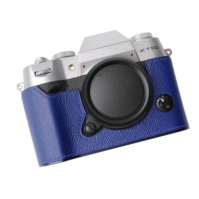 Iborrys Camera Genuine Leather Half Case Compatible with FUJIFILM Fuji X-T50 XT50 Made by Hand - Top Layer Cowhide Body + Metal Base Plate 2-in-1 Design (BlueA)