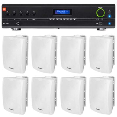 Audiosavings Bundle: (1) JBL VMA1240 Commercial/Restaurant 240W 70v Bluetooth Mixer/Amplifier Bundle with (8) Rockville WET-6W 70V 6.5" IPX55 Commercial Indoor/Outdoor Wall Speaker - White (9 Item)