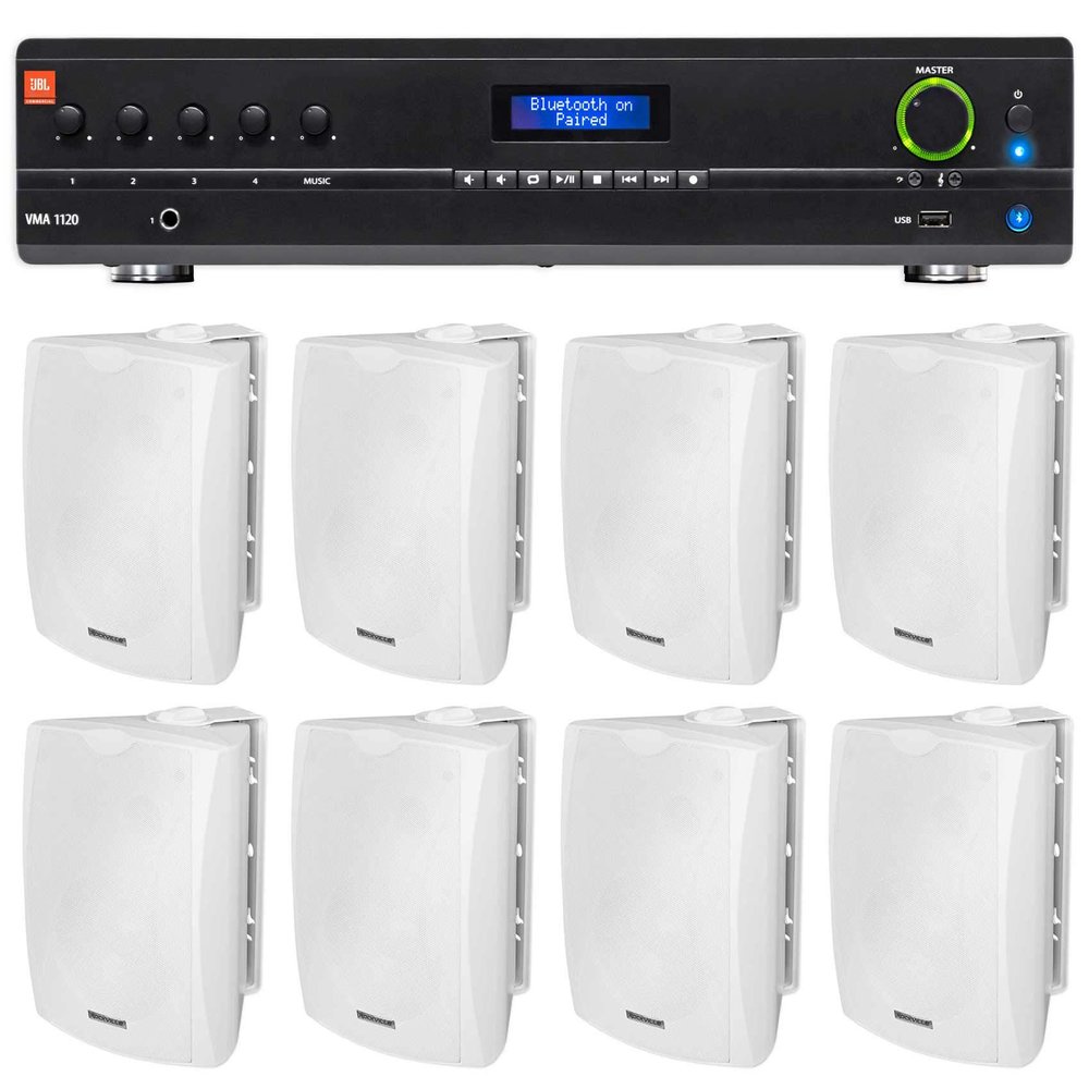 Audiosavings Bundle: (1) JBL VMA1240 Commercial/Restaurant 240W 70v Bluetooth Mixer/Amplifier Bundle with (8) Rockville WET-6W 70V 6.5" IPX55 Commercial Indoor/Outdoor Wall Speaker - White (9 Item)