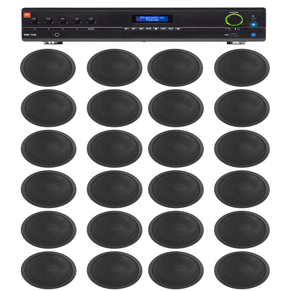 Audiosavings Bundle: (1) JBL VMA1240 Commercial/Restaurant 240W 70v Bluetooth Mixer/Amplifier Bundle with (24) Rockville CCL5T Black 70V 5" Commercial Ceiling Speakers 4 Restaurant/Office (25 Item)