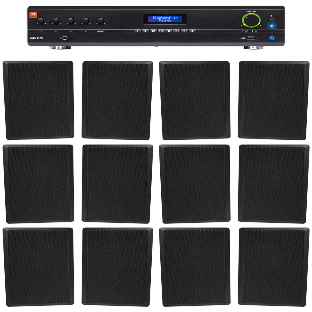 Audiosavings Bundle: (1) JBL VMA1240 Commercial/Restaurant 240W 70v Bluetooth Mixer/Amplifier Bundle with (12) Rockville RockSlim 70B Black 5.25" 70v Commercial Restaurant Wall Speakers (13 Item)