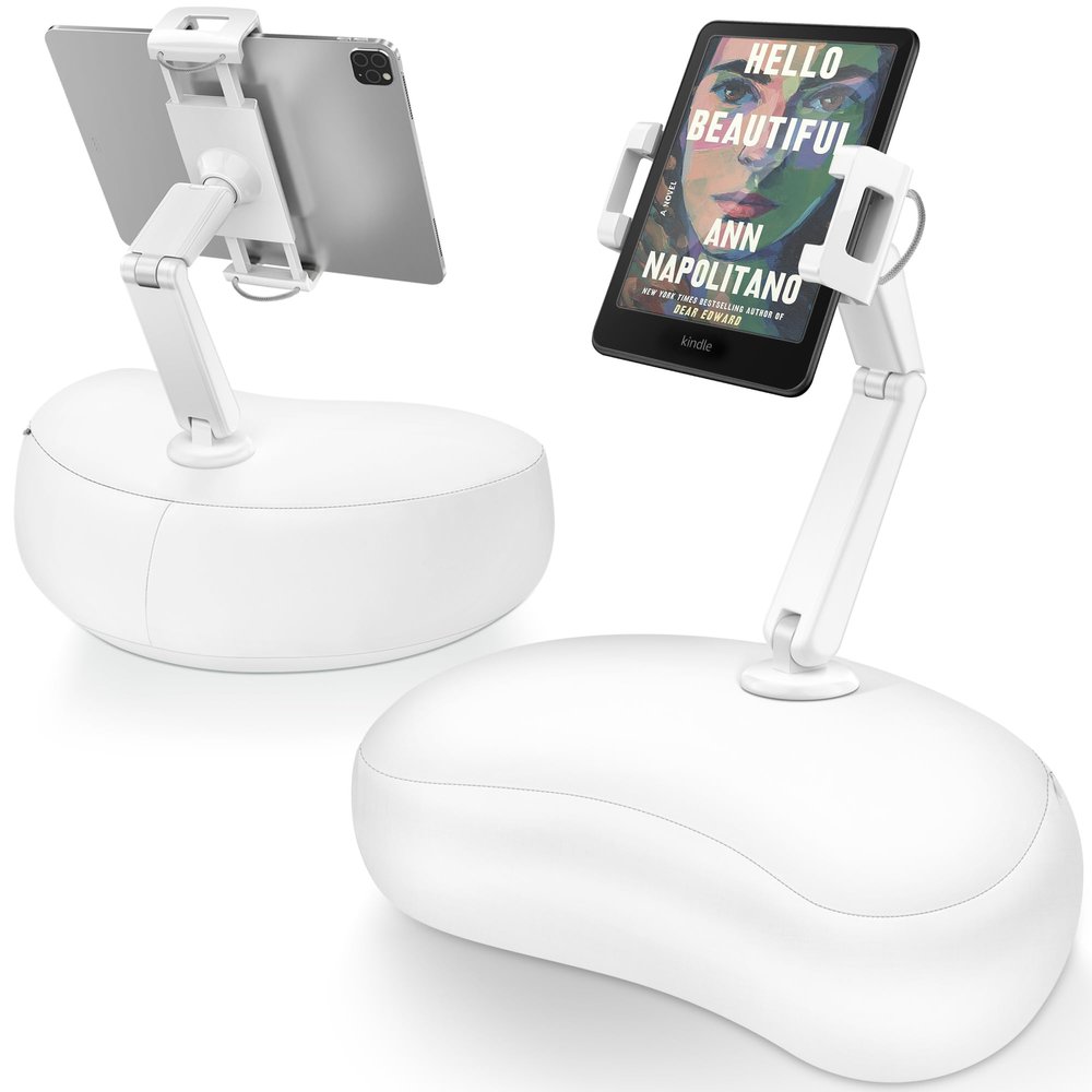 AboveTEK Tablet Pillow Stand for Bed, Hands-Free 360 Adjustable iPad Pillow Holder for Lap Reading w/Soft Bean Bag, Ideal Gift for Mom, Fits 4.7" to 12.9" Tablet, Phone, Kindle, White
