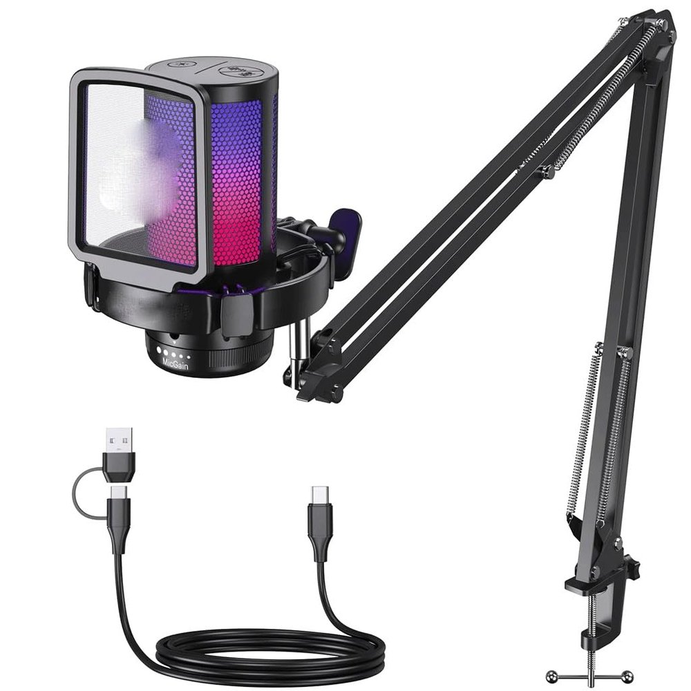 JDXQBLD USB Microphone Gaming Mic Condenser Mic RGB Mic Noise Canceling Mic with Mic Gain RGB Light (D As Shown) (D As Shown)