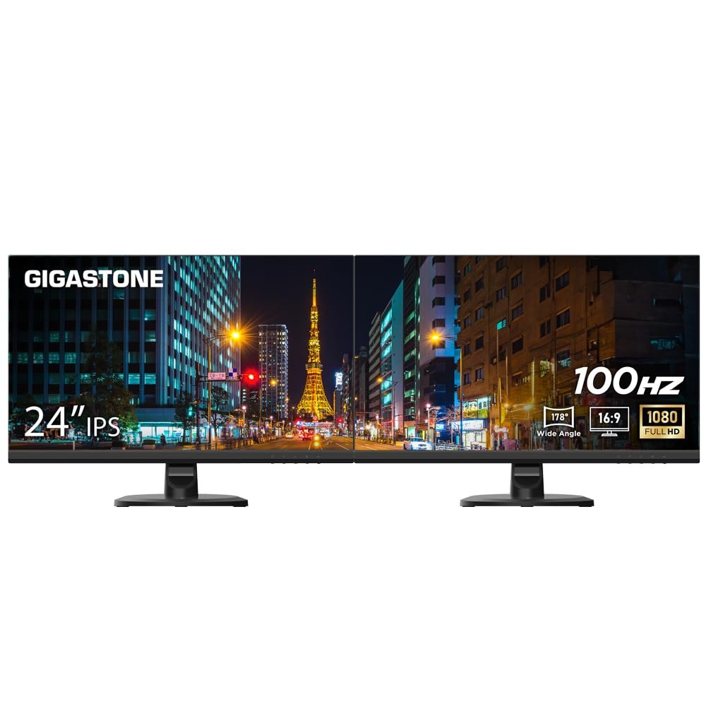 Gigastone 24 inch IPS LED Back Light Monitor 2-Pack 100Hz FHD 1920 x 1080,178WideView,Frameless, Dual Monitor, MPRT 1ms, Built-in Speakers, Eye Care Technology, Ergonomic Tilt VESA Mount, HDMI VGA