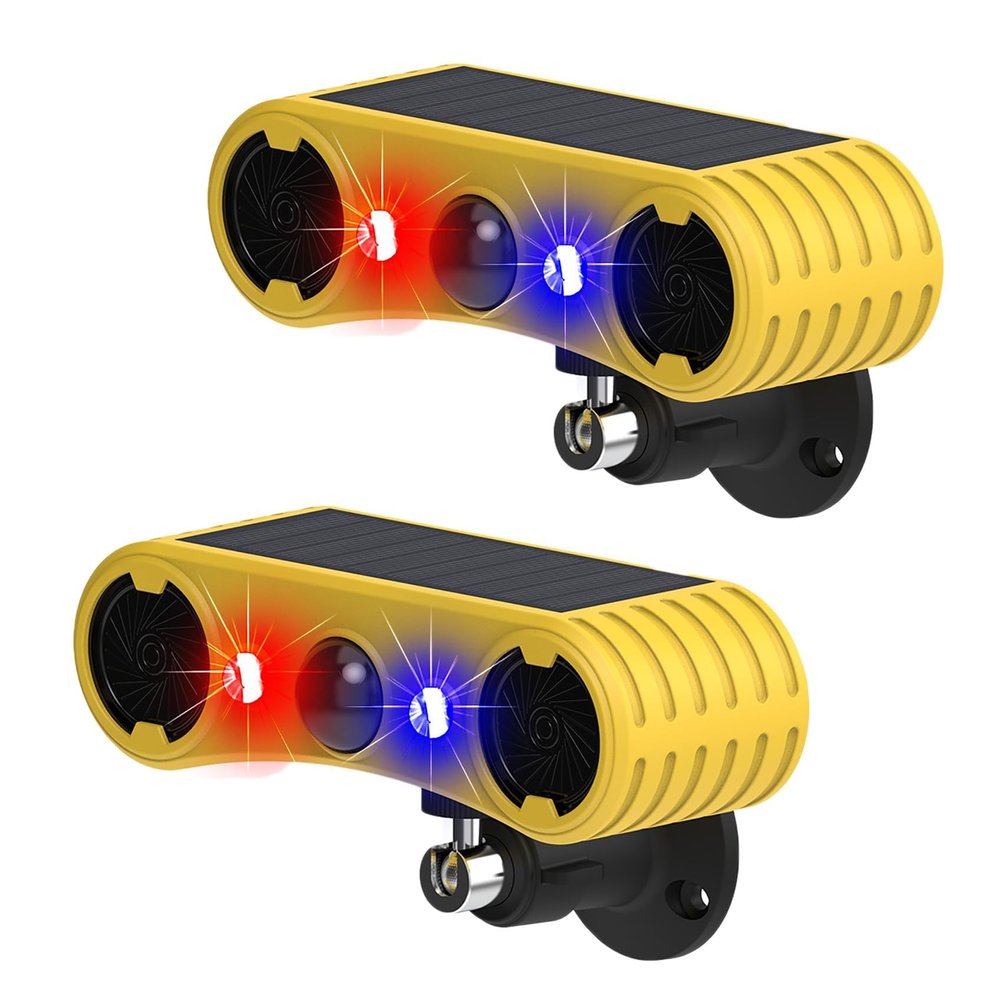 Solar Sound Strobe Motion Sensor Alarm,WONFAST LED Red Blue Flashing Warning Light Outdoor,129db Dual Speaker Loud Noise Maker,13 Sounds Security Alert System for Farm Yard Orchard Barn (2Pack)