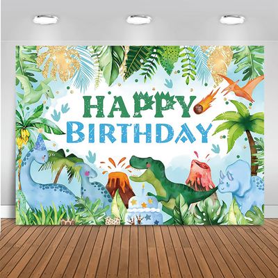 15x10ft Dinosaur Happy Birthday Backdrop Cartoon Dinosaurs Palm Leaves Colorful Dots Volcano Photography Background Kids Birthday Dinosaur Theme Party Decorations Banner Photo Studio Props