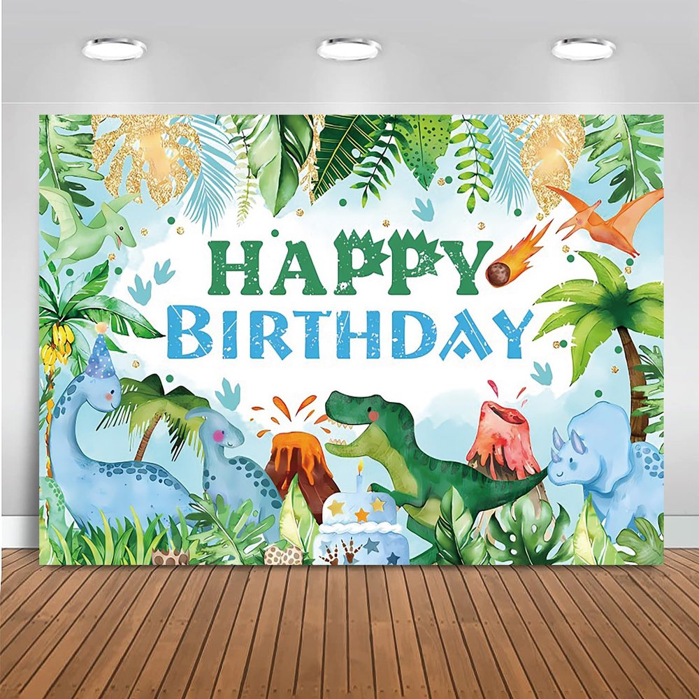 15x10ft Dinosaur Happy Birthday Backdrop Cartoon Dinosaurs Palm Leaves Colorful Dots Volcano Photography Background Kids Birthday Dinosaur Theme Party Decorations Banner Photo Studio Props