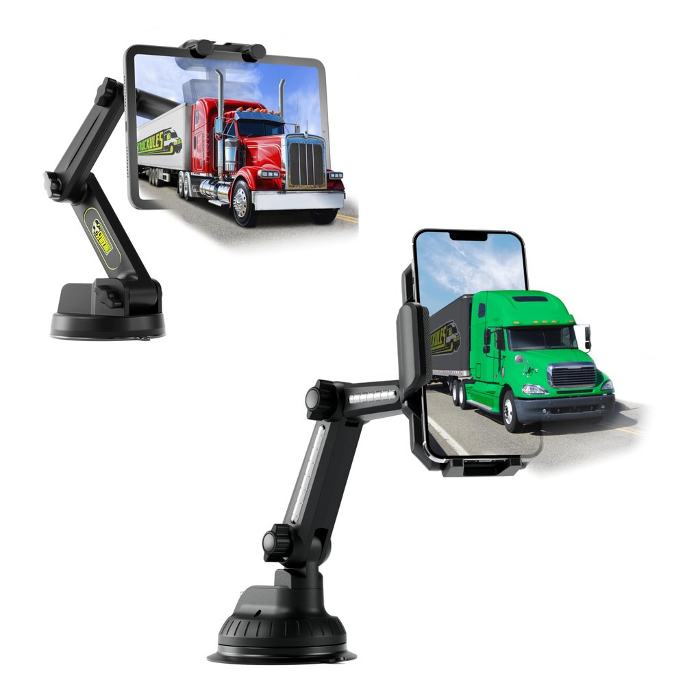 Big Rig Truck Tablet Mount & Short Semi Truck Phone Mount, Heavy Duty Tablet & iPad Holder and Cell Phone Device Holder for Dashboard Windshield, Super Stable Suction Cup (1 TM & 1 PM)