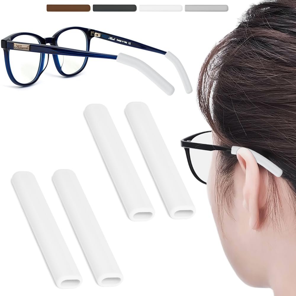 IYOOH 2 Pairs Silicone Glasses Ear Cushion, Eye Glasses Ear Grippers Anti Slip, Rubber Ear Pieces Non Slip, Soft Eyeglass Ear Cushions for Pain, Temple Sleeves Tips Ear Pads for Preventer (White)