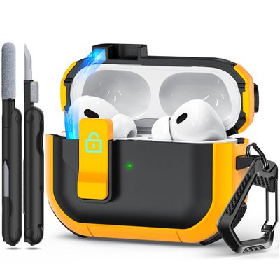 RFUNGUANGO for AirPods Pro Case Cover with Secure Lock Clip, Automatic Pop-up Case Full-Body Shockproof Hard Protective Cover for AirPods Pro 2/1/Gen E-Black+Yellow