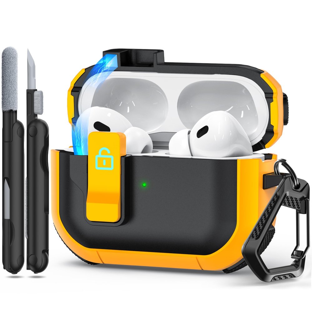 RFUNGUANGO for AirPods Pro Case Cover with Secure Lock Clip, Automatic Pop-up Case Full-Body Shockproof Hard Protective Cover for AirPods Pro 2/1/Gen E-Black+Yellow