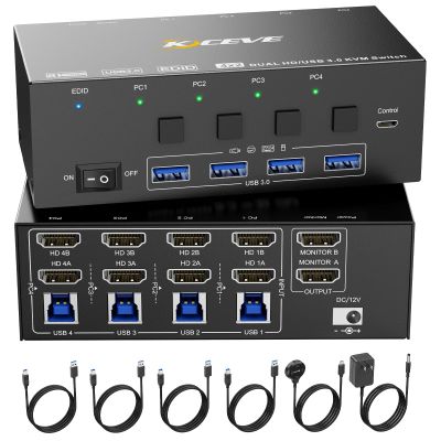 KVM Switch 2 Monitors 4 Computers HDMI, KCEVE 8K@60Hz, 4K@144 Hz USB 3.0 KVM Switcher Box with EDID Emulator for 4 Computers Share Mouse Keyboard and Monitor, Stable Chip, Great Compatibility