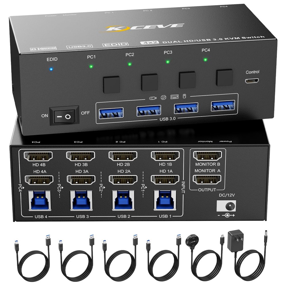 KVM Switch 2 Monitors 4 Computers HDMI, KCEVE 8K@60Hz, 4K@144 Hz USB 3.0 KVM Switcher Box with EDID Emulator for 4 Computers Share Mouse Keyboard and Monitor, Stable Chip, Great Compatibility