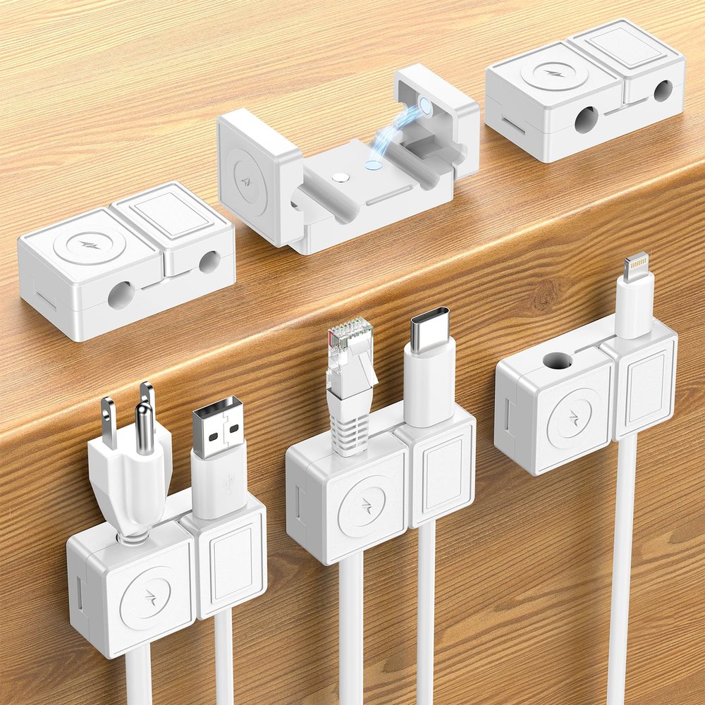 FlyCoco Double Door Magnetic Management Cable Clips, [Cable Smooth Adjustable] Adhesive Cable Clips Holder for Charger Wire, USB Cord, Office, Car, Desk Accessories, 6 Pack