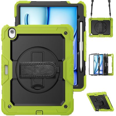 Yohryi Case for iPad Air 13-inch (M2, 2024 Release), 3 Layers Upgraded Protection Heavy Duty Case with Built-in Screen Protector & 360 Rotating Stand & Shoulder Strap & Handle,C